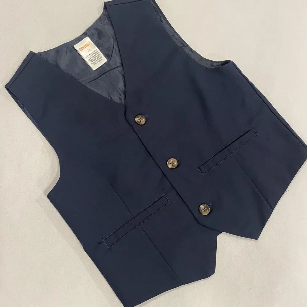 ~ Gymboree 5T Boys Vest Navy Blue Lined 3 Button Up